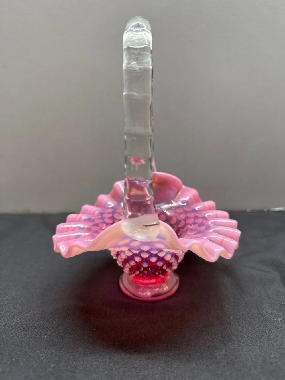Fenton Pink Hobnail Glass Basket With Clear Handle & Ruffled Edge Vintage Style